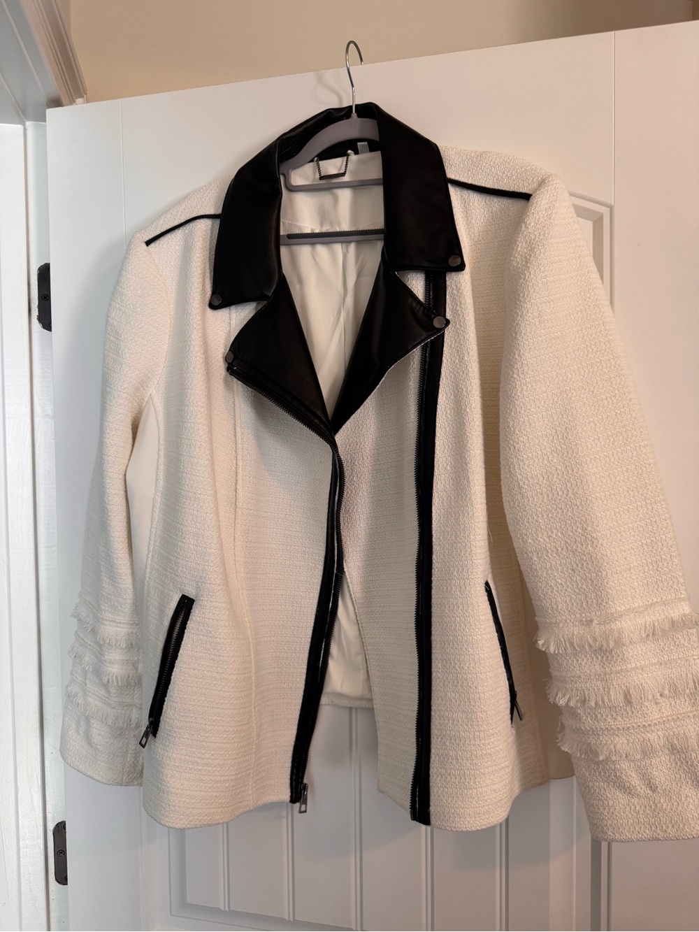 Chico’s Ivory Tweed Moto Jacket Size 3 XL Faux Leather Fringe